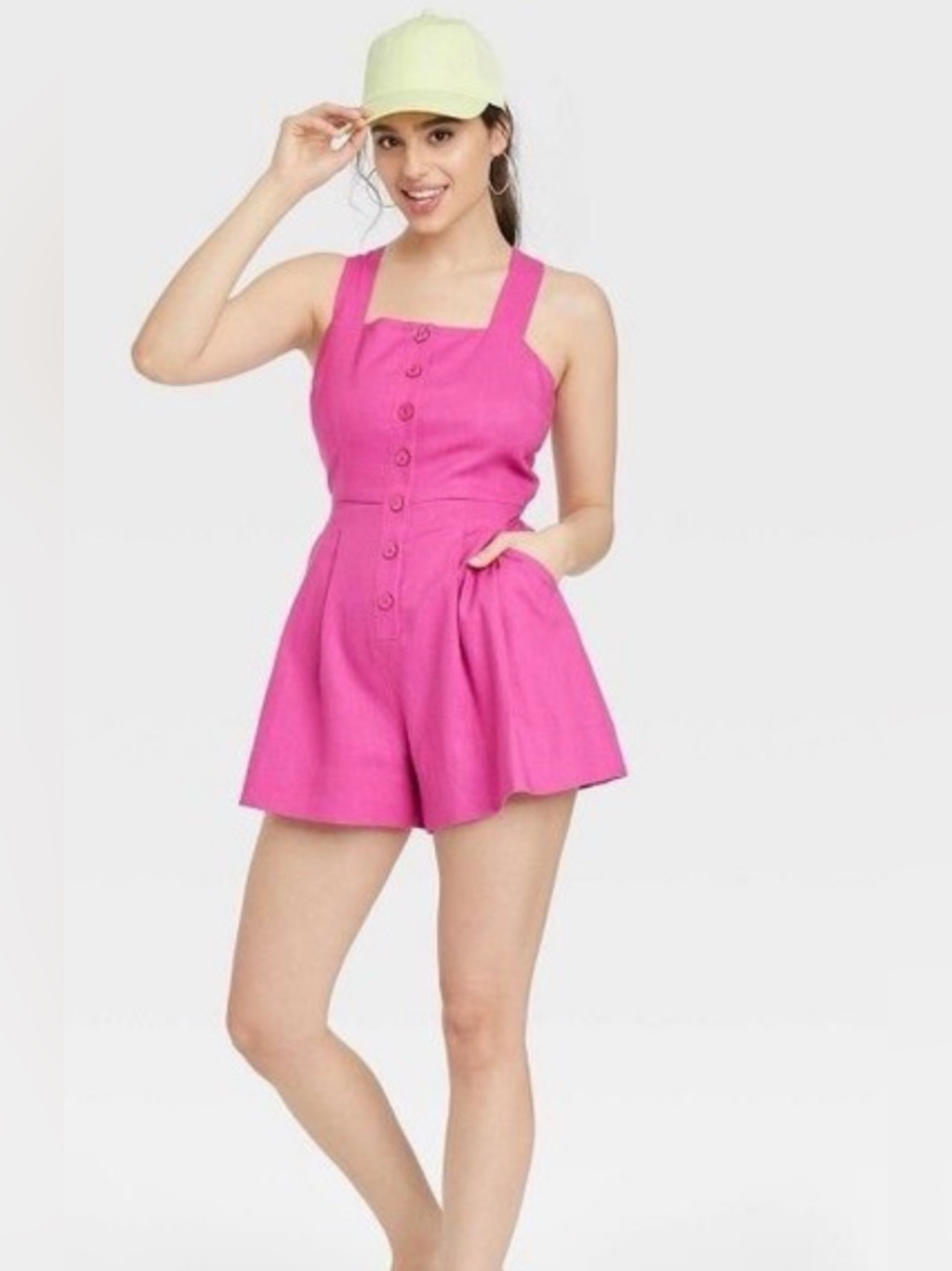 A New Day Women’s Small Pink Linen Blend Shorts Romper S Criss Cross Back